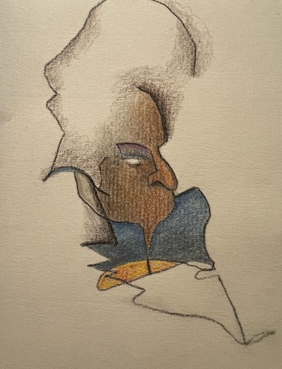 Dark man with white hair